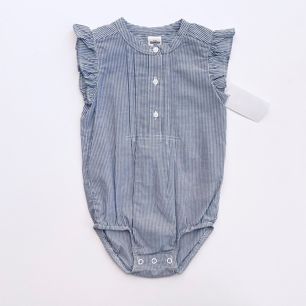 OshKosh Baby Girl Pinstripe Ruffle Bodysuit 9M Blue White NWT Summer